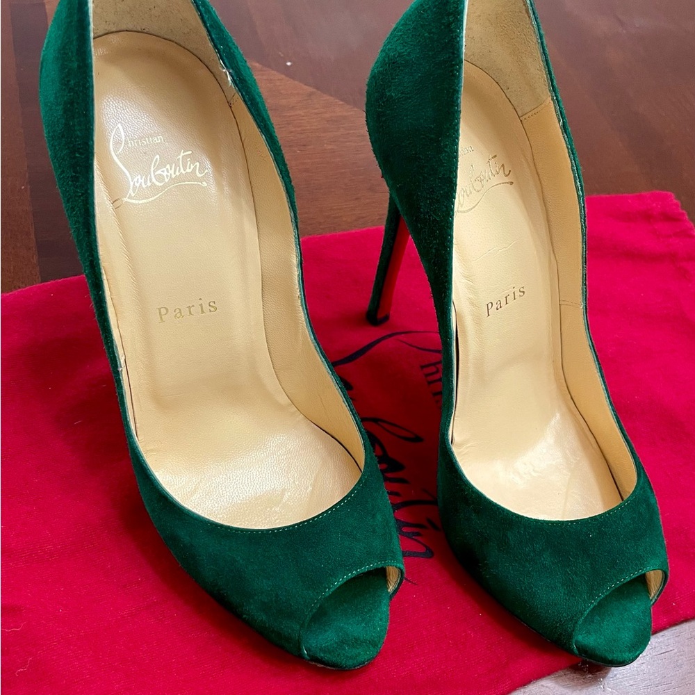 Christian Louboutin Emerald Suede Peep-Toe Heels